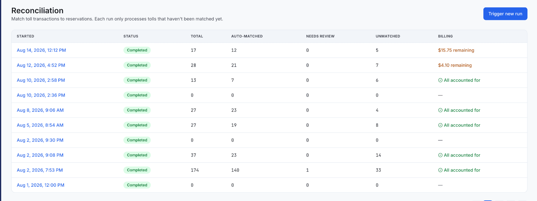 Kelviz Reconciliation page listing completed matching runs with auto-matched, needs-review, and unmatched counts per run