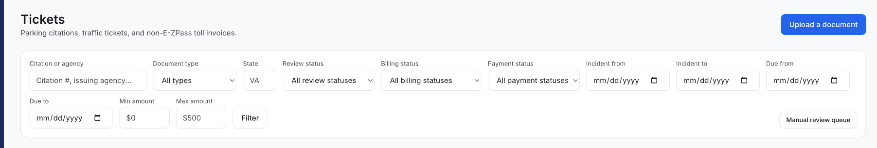 Kelviz Tickets page showing document upload, filters, agencies, amounts, and due dates