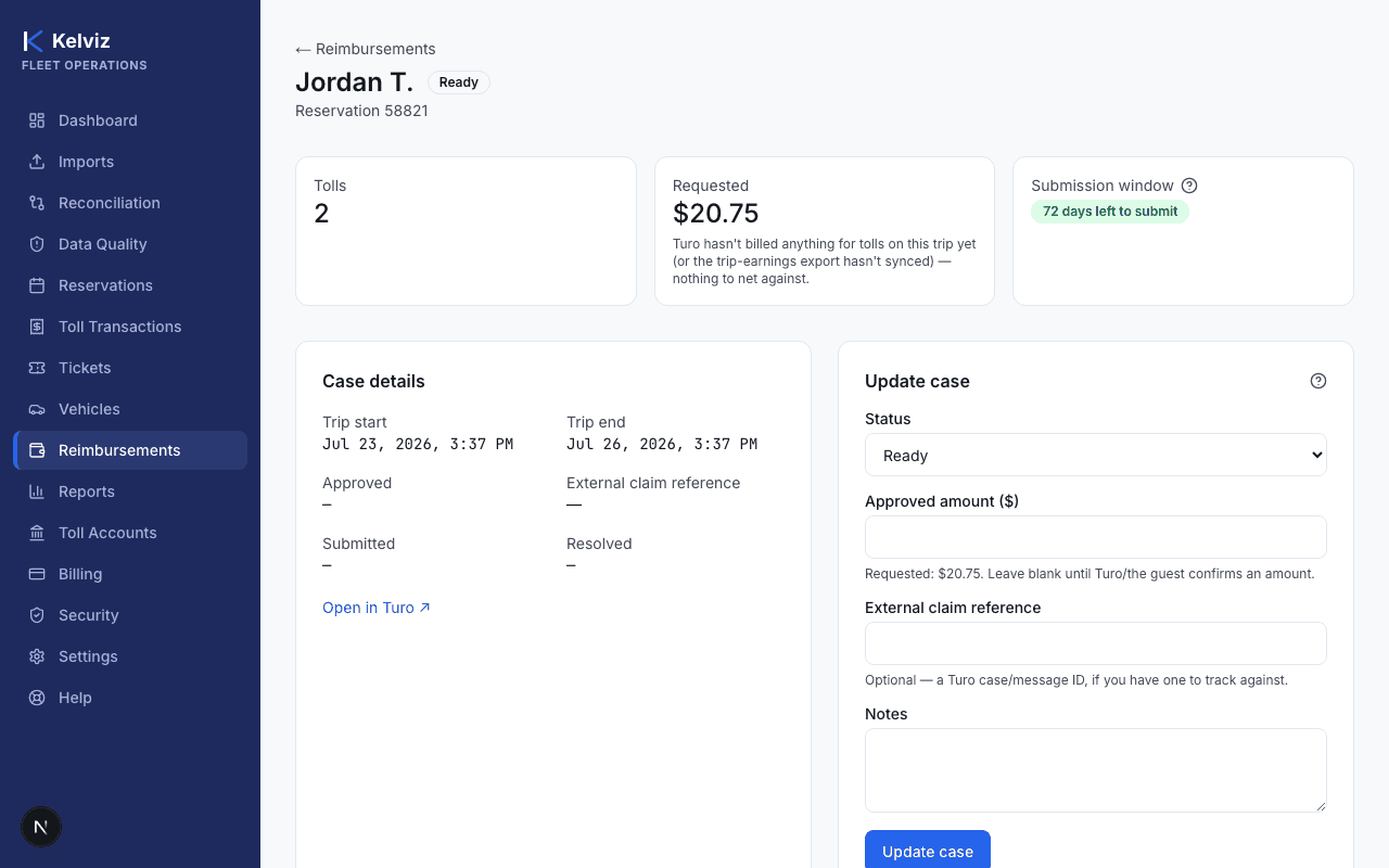 A reimbursement case's detail page, showing case details and the Update case panel with Status, Approved amount, External claim reference, and Notes fields.