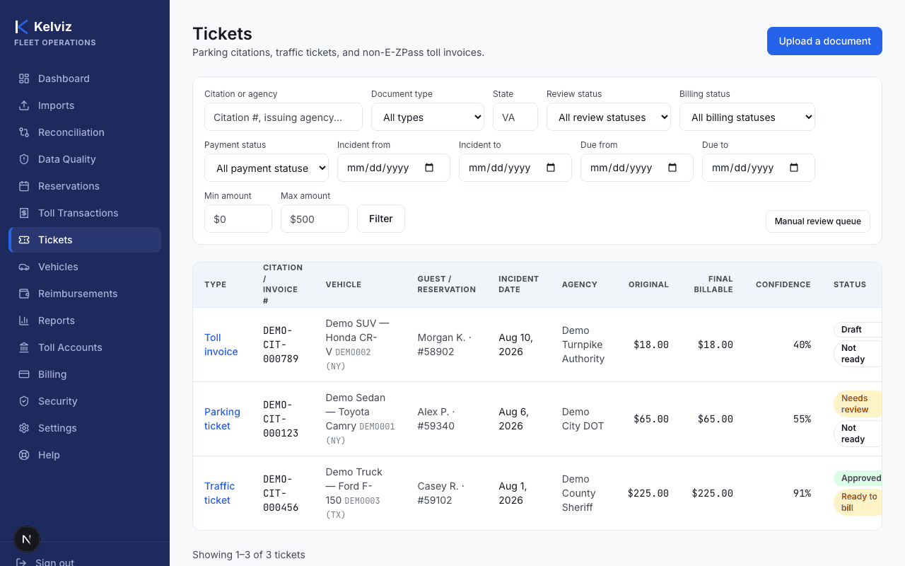 The Tickets list page, showing filters (citation, document type, review/billing/payment status, dates, amount) and a table of tickets with their type, citation number, vehicle, guest, and status.
